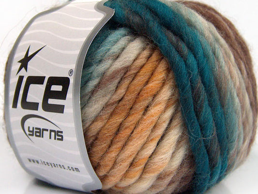 Lot of 8 Skeins ICE PURE WOOL CHUNKY (100% Wool) Yarn Turquoise Brown Shades Gold Cream