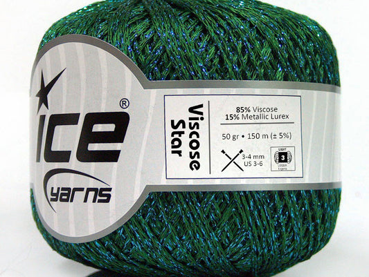 Lot of 6 Skeins ICE VISCOSE STAR (85% Viscose) Hand Knitting Yarn Green Blue