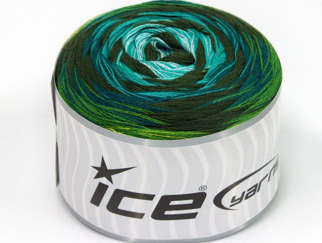 Lot of 2 x 150gr Skeins ICE CAKES STRIPES (50% Cotton) Yarn Green Shades Khaki Turquoise Light Blue