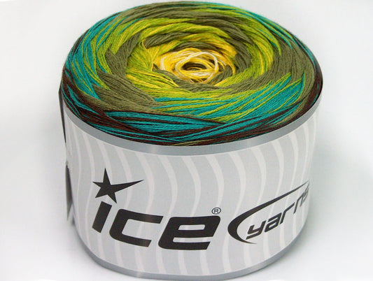 Lot of 2 x 150gr Skeins Ice Yarns CAKES STRIPES (50% Cotton) Yarn Brown Turquoise Khaki Green Yellow White