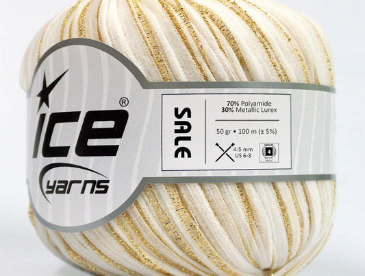 Lot of 6 Skeins ICE SALE RIBBON Hand Knitting Yarn White Gold