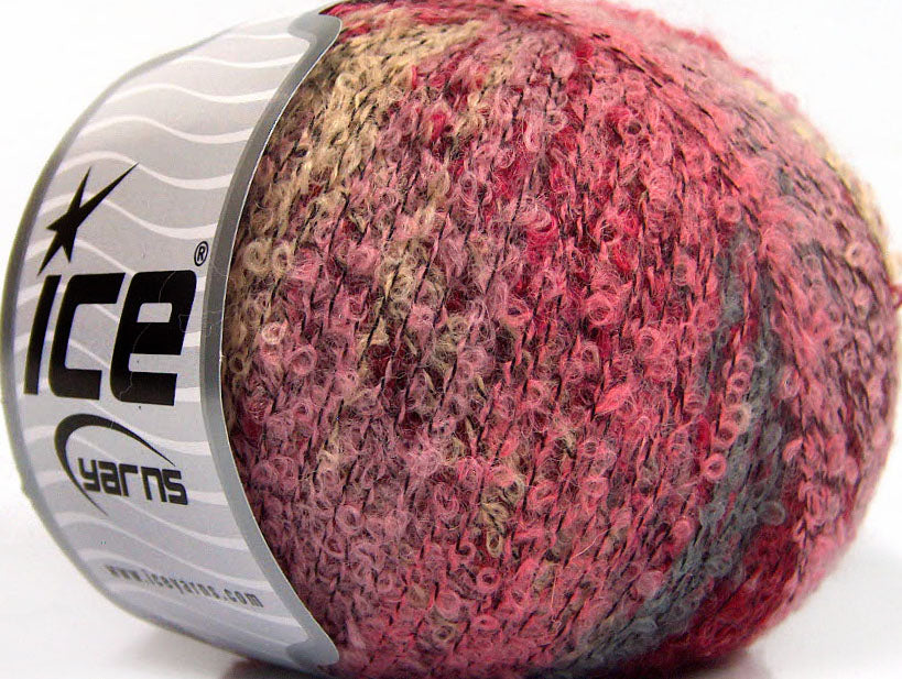 Lot of 8 Skeins ICE SALE BOUCLE (18% Wool 18% Viscose) Yarn Pink Shades Red Light Camel Grey