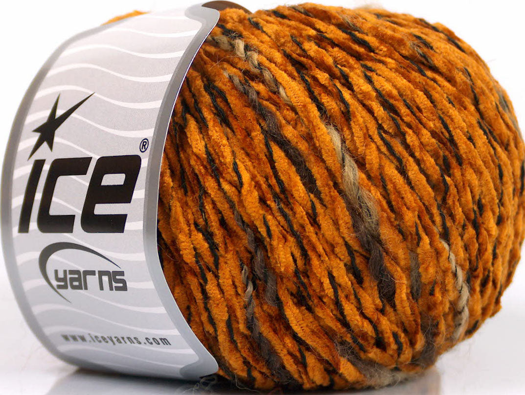 Lot of 8 Skeins Ice Yarns CHENILLE WOOL FLAMME (15% Wool) Yarn Dark Gold Brown Shades Black