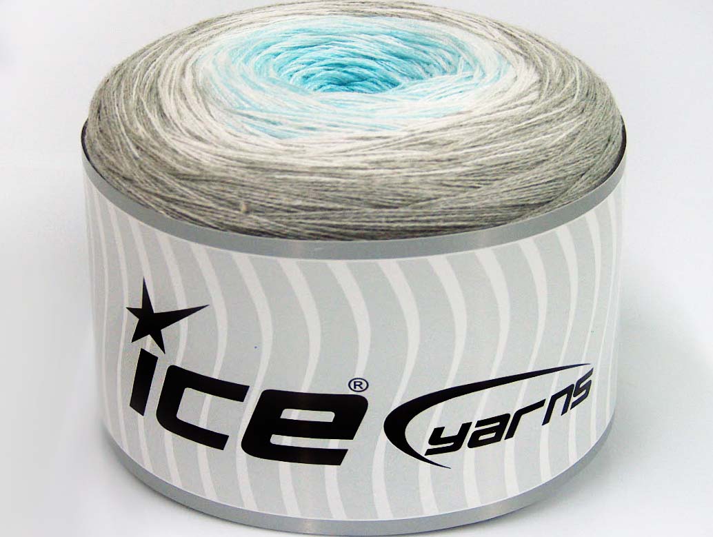 Lot of 2 x 150gr Skeins Ice Yarns CAKES COTTON FINE (50% Cotton) Yarn White Light Turquoise Light Grey