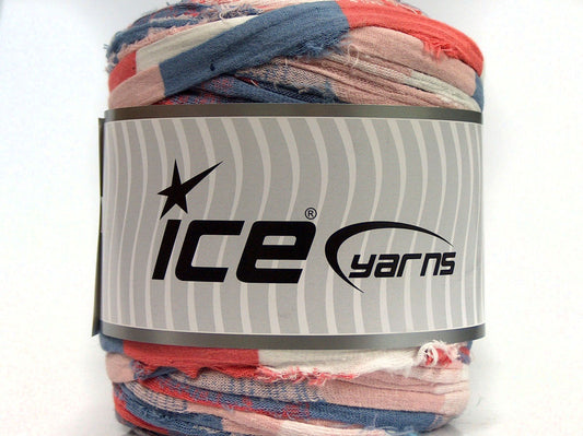 600 gr ICE YARNS UPCYCLED FABRIC 600 (95% Cotton 5% Elastan) Yarn Salmon Indigo Blue Cream Powder Pink