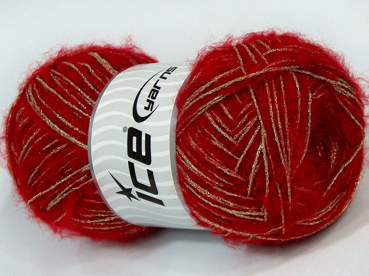 Lot of 4 x 100gr Skeins Ice Yarns SALE MOHAIR-WOOL BLEND (10% Wool) Yarn Red Gold