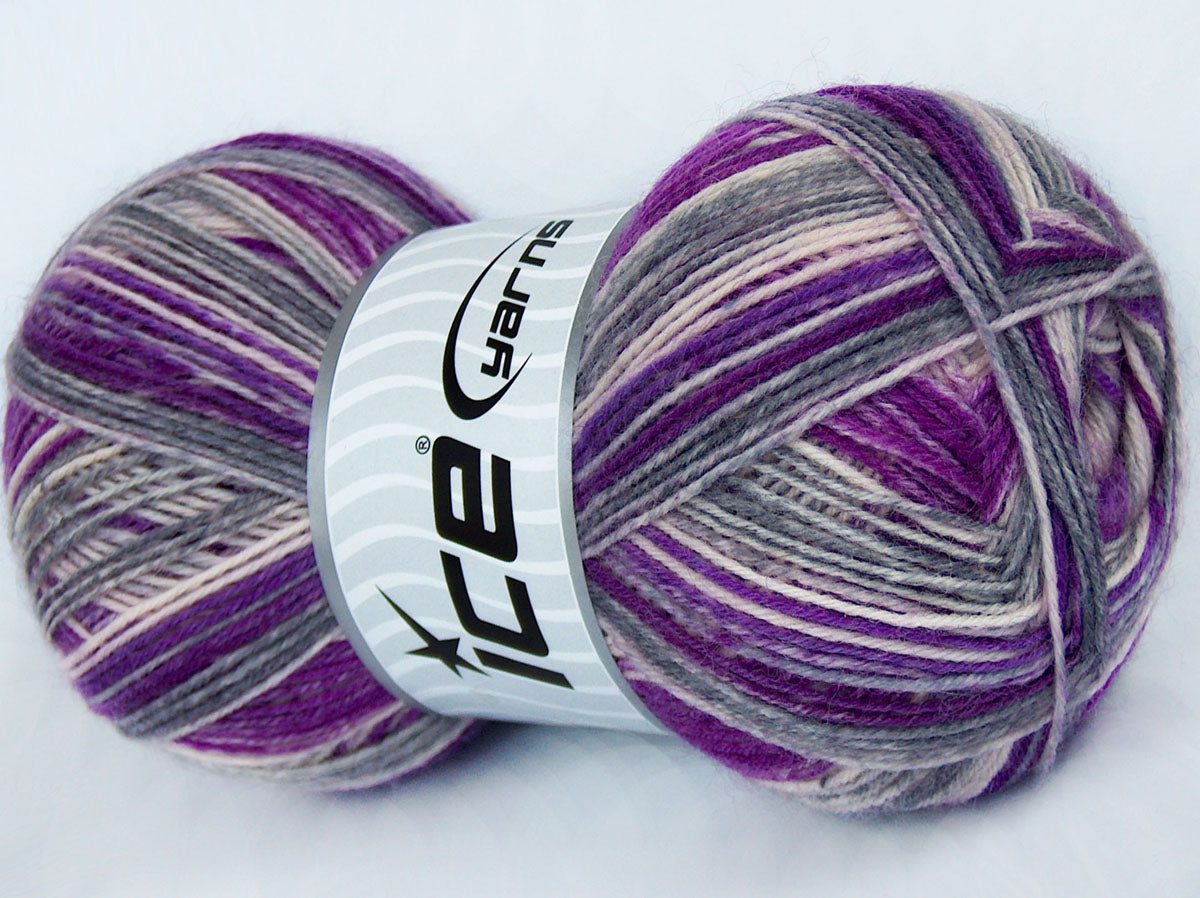 Lot of 4 x 100gr Skeins Ice Yarns COLORWAY SOCK (75% Superwash Wool) Yarn Cream Grey Shades Purple