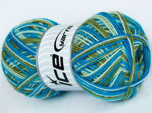 Lot of 4 x 100gr Skeins Ice Yarns COLORWAY SOCK (75% Superwash Wool) Yarn Blue Cream Green