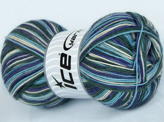 Lot of 4 x 100gr Skeins Ice Yarns COLORWAY SOCK (75% Superwash Wool) Yarn Green Light Blue Lilac Cream