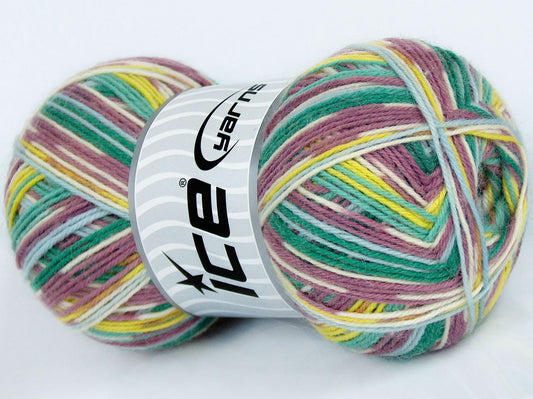 Lot of 4 x 100gr Skeins Ice Yarns COLORWAY SOCK (75% Superwash Wool) Yarn Orchid Green Light Blue Cream