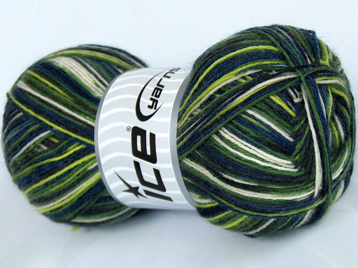 Lot of 4 x 100gr Skeins Ice Yarns COLORWAY SOCK (75% Superwash Wool) Yarn Green Shades Blue Black Cream