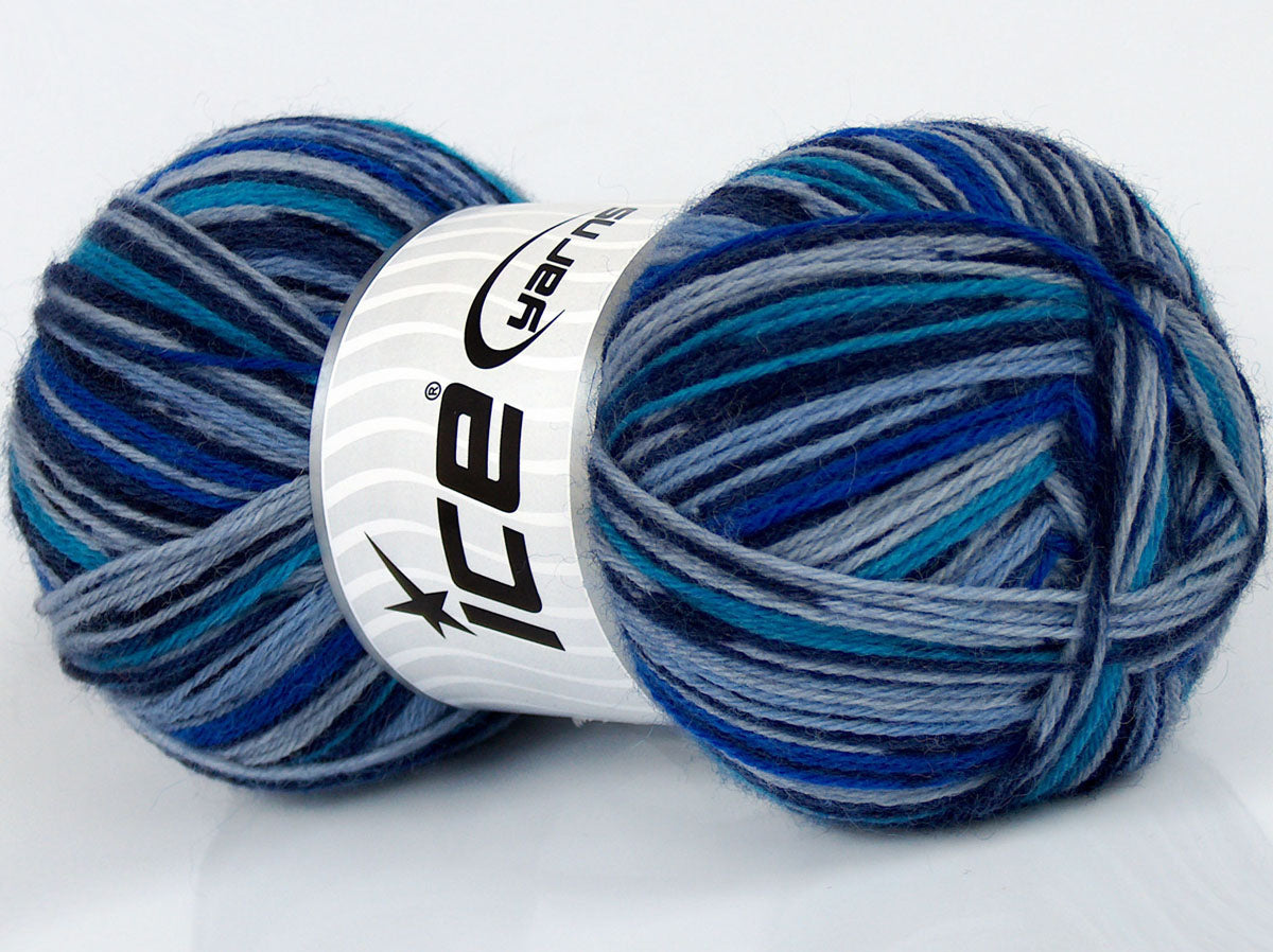 Lot of 4 x 100gr Skeins Ice Yarns VARICOLORED SOCK (75% Superwash Wool) Yarn Blue Shades Black Turquoise