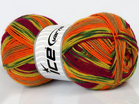 Lot of 4 x 100gr Skeins Ice Yarns VARICOLORED SOCK (75% Superwash Wool) Yarn Orange Green Burgundy Camel