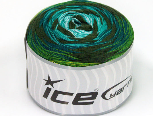 Lot of 2 x 150gr Skeins ICE CAKES STRIPES (50% Cotton) Yarn Green Shades Khaki Turquoise Light Blue