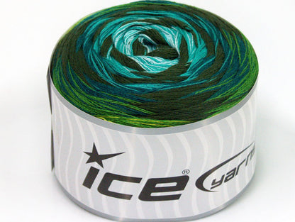 Lot of 2 x 150gr Skeins ICE CAKES STRIPES (50% Cotton) Yarn Green Shades Khaki Turquoise Light Blue