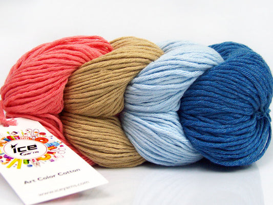 Lot of 2 x 100gr Skeins Ice Yarns ART COLOR COTTON (50% Cotton) Yarn Salmon Camel Light Blue Blue