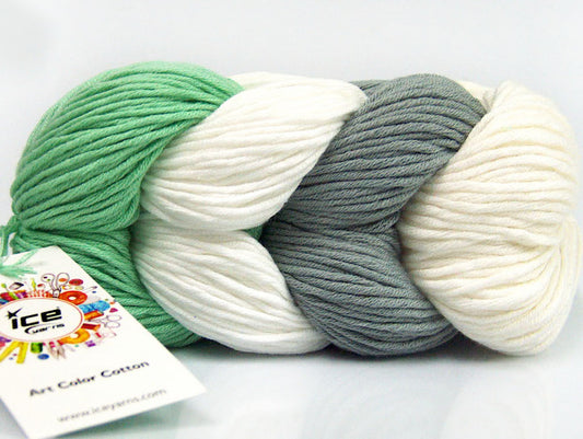 Lot of 2 x 100gr Skeins ICE ART COLOR COTTON (50% Cotton) Yarn Mint Green White Grey Cream