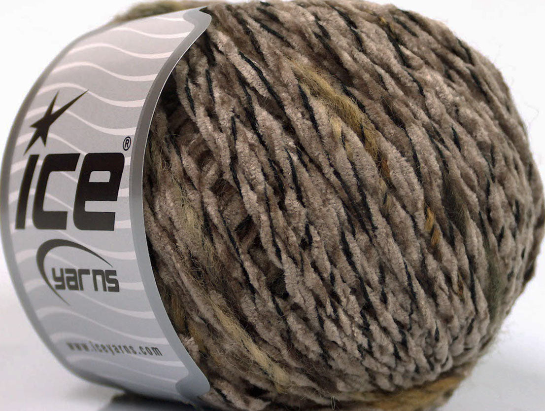 Lot of 8 Skeins Ice Yarns CHENILLE WOOL FLAMME (15% Wool) Yarn Camel Brown Shades Black