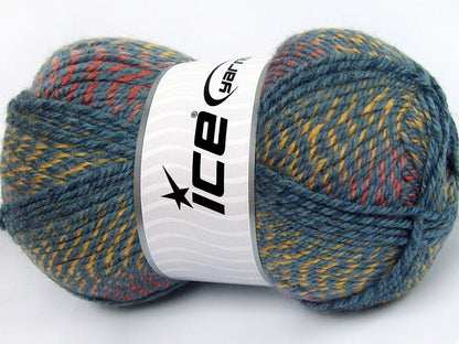 Lot of 4 x 100gr Skeins Ice Yarns PUZZLE WOOL (50% Wool) Yarn Indigo Blue Salmon Gold