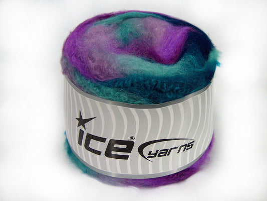 Lot of 2 x 150gr Skeins Ice Yarns CAKES FLUFFY (5% Mohair) Yarn Turquoise Shades Purple Shades