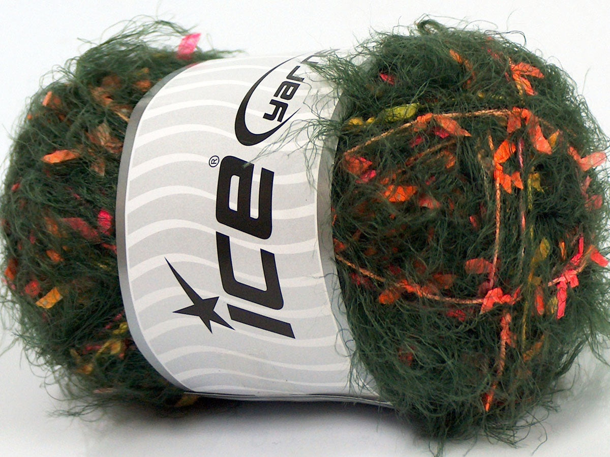 Lot of 4 x 100gr Skeins Ice Yarns SALE EYELASH BLEND Yarn Dark Green Orange Pink Yellow