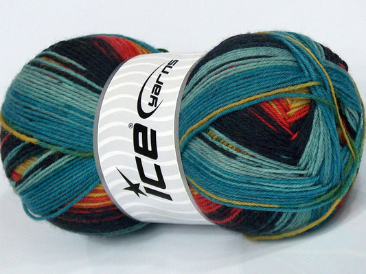 Lot of 4 x 100gr Skeins Ice Yarns PRINT SOCK (75% Superwash Wool) Yarn Turquoise Shades Dark Navy Green Orange