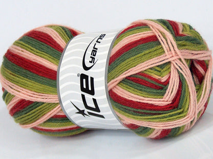 Lot of 4 x 100gr Skeins Ice Yarns PRINT SOCK (75% Superwash Wool) Yarn Light Beige Red Green Shades