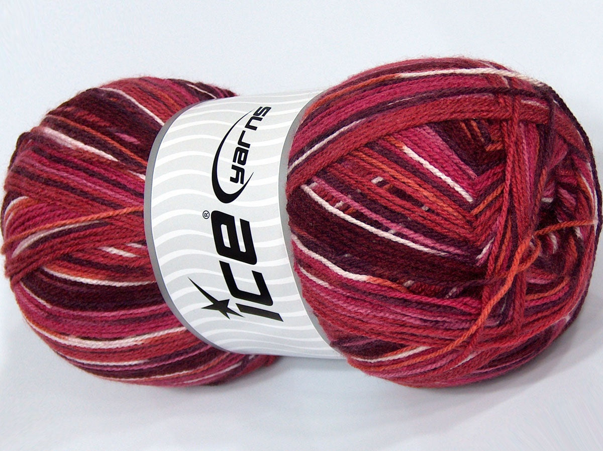 370 gr ICE YARNS SALE SELF-STRIPING Hand Knitting Yarn Burgundy Shades White