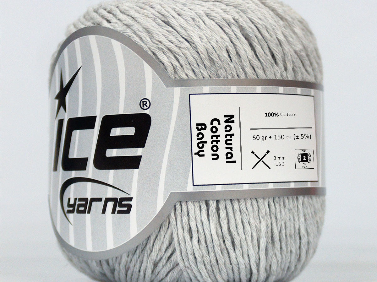 Lot of 8 Skeins Ice Yarns NATURAL COTTON BABY (100% Cotton) Yarn Light Grey