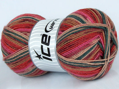 Lot of 2 x 150gr Skeins Ice Yarns VIRGIN WOOL SOCK (75% Virgin Wool) Yarn Pink Red Shades Dark Green Camel