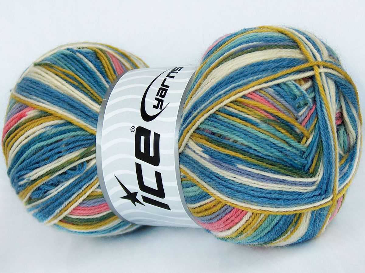 Lot of 4 x 100gr Skeins Ice Yarns COLORWAY SOCK (75% Superwash Wool) Yarn Blue Green Shades Cream Pink