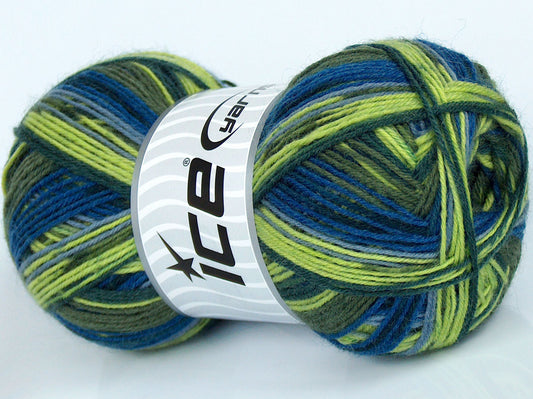 Lot of 4 x 100gr Skeins Ice Yarns COLORWAY SOCK (75% Superwash Wool) Yarn Green Shades Blue Shades Cream