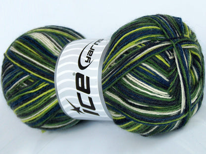 Lot of 4 x 100gr Skeins Ice Yarns COLORWAY SOCK (75% Superwash Wool) Yarn Green Shades Blue Black Cream