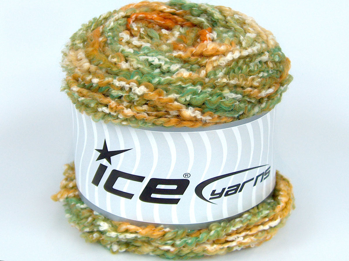 Lot of 3 x 100gr Skeins Ice Yarns CAKES COTTON BOUCLE (50% Cotton) Yarn Green Shades Gold Shades White