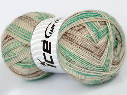 Lot of 4 x 100gr Skeins Ice Yarns SILK SOCK (10% Silk 35% Superwash Wool) Yarn Green Shades Cream Brown