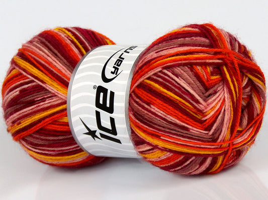 Lot of 4 x 100gr Skeins Ice Yarns VARICOLORED SOCK (75% Superwash Wool) Yarn Burgundy Pink Orange Yellow