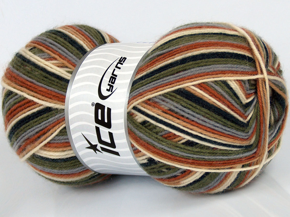 220 gr ICE YARNS SALE SOCK YARN (75% Superwash Wool) Yarn Khaki Navy Brown Cream