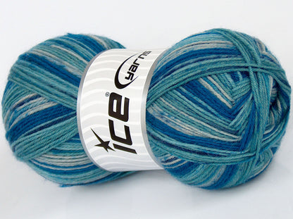 Lot of 4 x 100gr Skeins Ice Yarns MULTICOLOR SOCK (75% Superwash Wool) Yarn Turquoise Shades Purple Cream