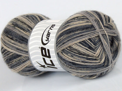Lot of 4 x 100gr Skeins Ice Yarns VARICOLORED SOCK (75% Superwash Wool) Yarn Grey Shades Cream