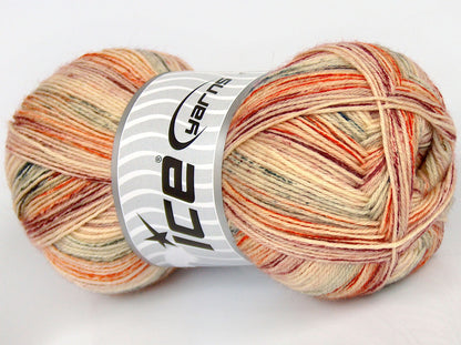 Lot of 4 x 100gr Skeins Ice Yarns SPRAY PAINTED SOCK (75% Superwash Wool) Yarn Cream Orange Dark Green Burgundy
